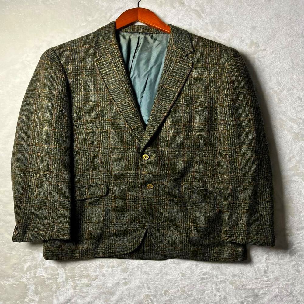 Vtg English Tweed Wool Blazer Men's 40R Green Plaid Academia Brit Old Timey York